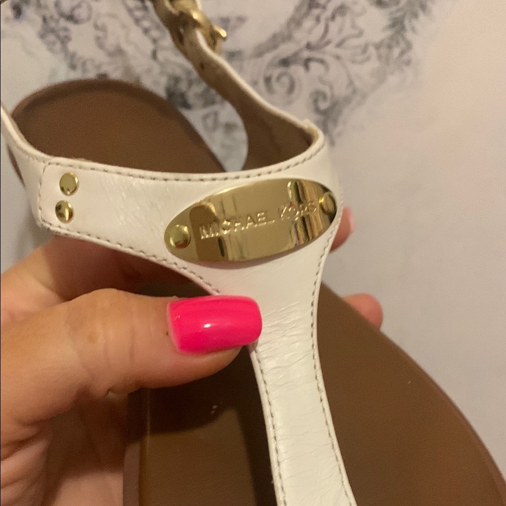 Michael Kors White and Brown Sandals with Gold Accents